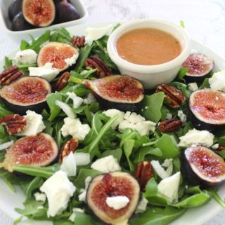 Fig Salad with Goat Cheese, Pecans and a Fig Dressing made with balsamic vinegar.