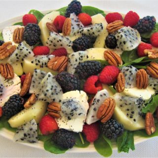 Dragon Fruit Salad with Pear, Spinach, Pecans, Goat Cheese and Berries