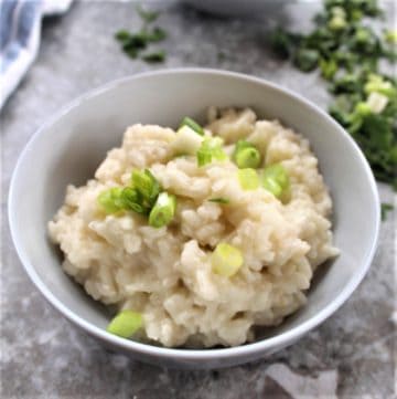 A bowl of cheese rice topped with green onions