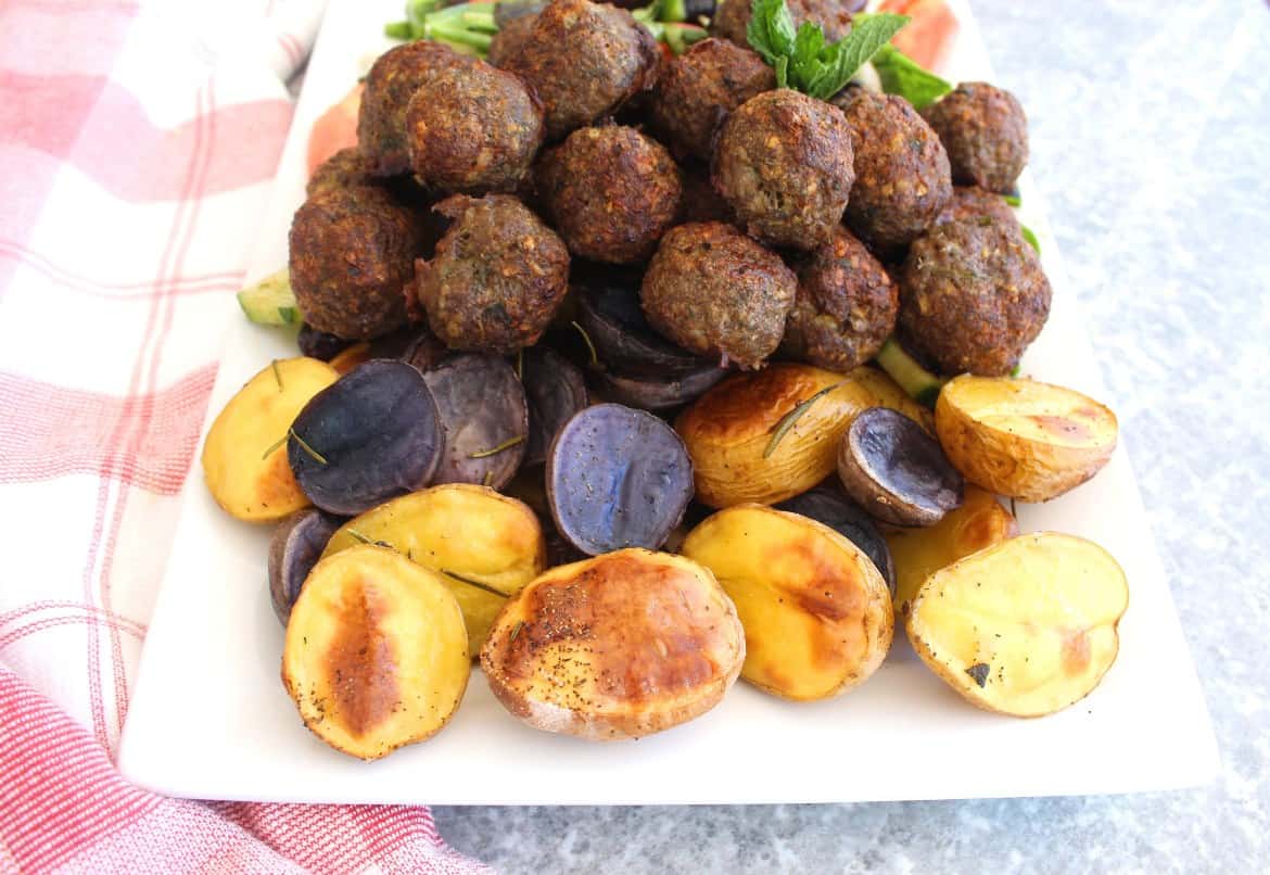 Rosemary Sage Roasted Potatoes served with Mediterranean Meatballs and Salad
