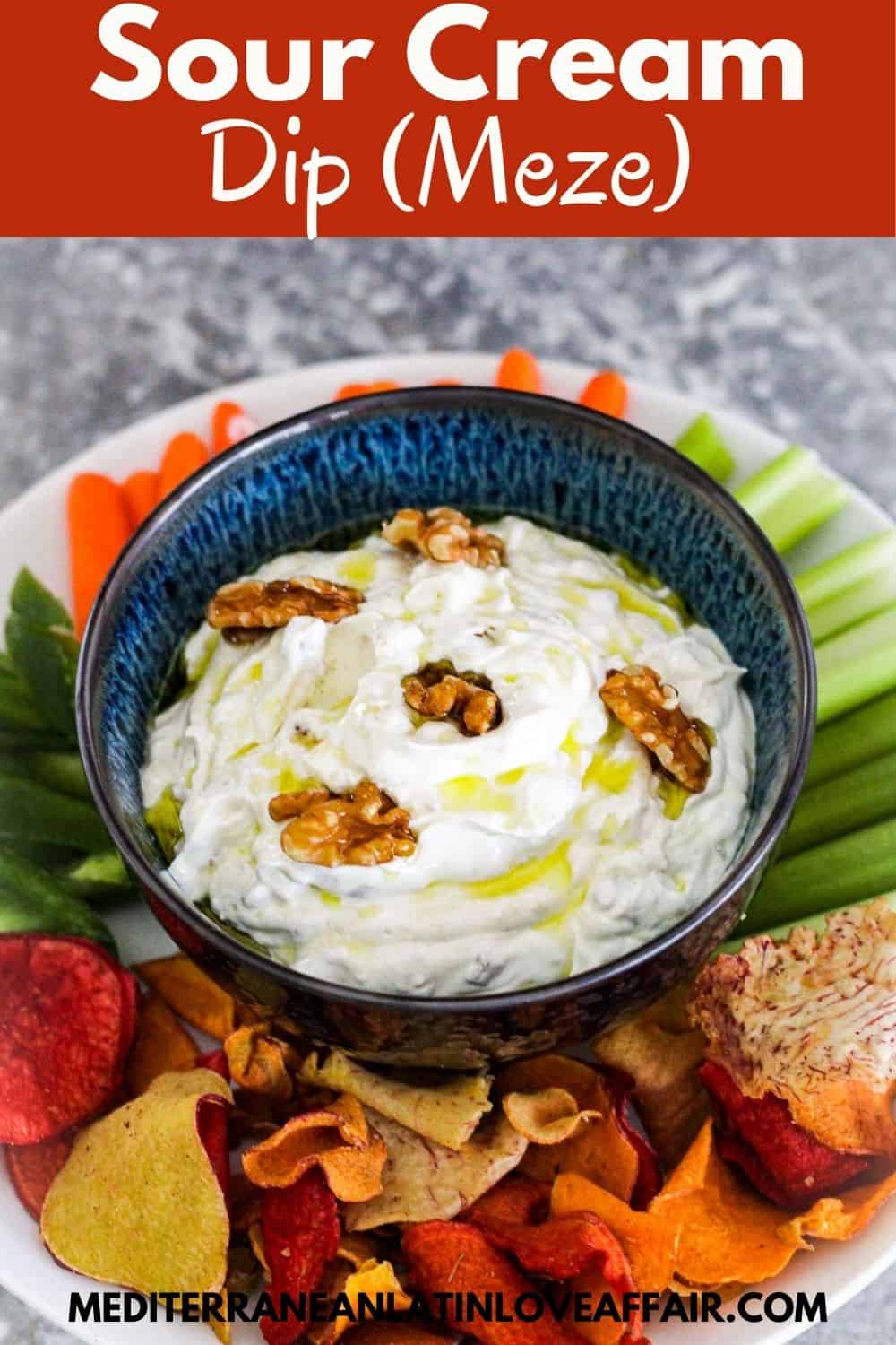 An image prepared specifically for Pinterest. It shows the image of the sour cream dip in the middle, a title bar on top and the website link on the bottom.