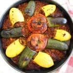 Mediterranean Casserole with stuffed zucchini, stuffed yellow squash and stuffed tomatoes