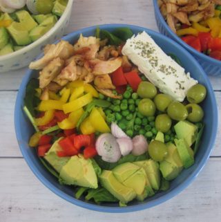 Rotisserie Chicken Salad Bowl with Feta Cheese, Avocados and Green Peas