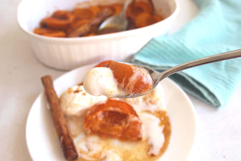 Bite of Baked Apricots Dessert with Ice Cream