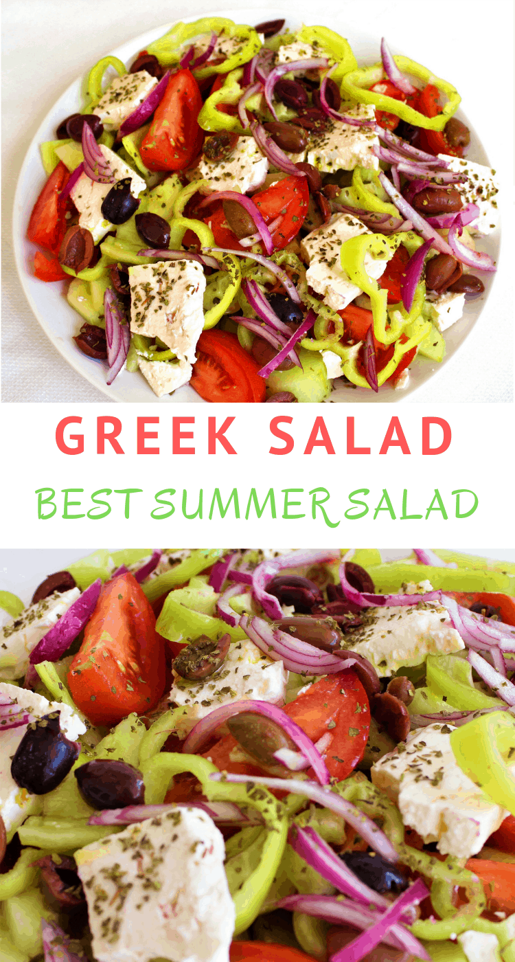 Best Greek Summer Salad made with chunks of tomatoes, cucumbers, feta cheese, olives and red onions.