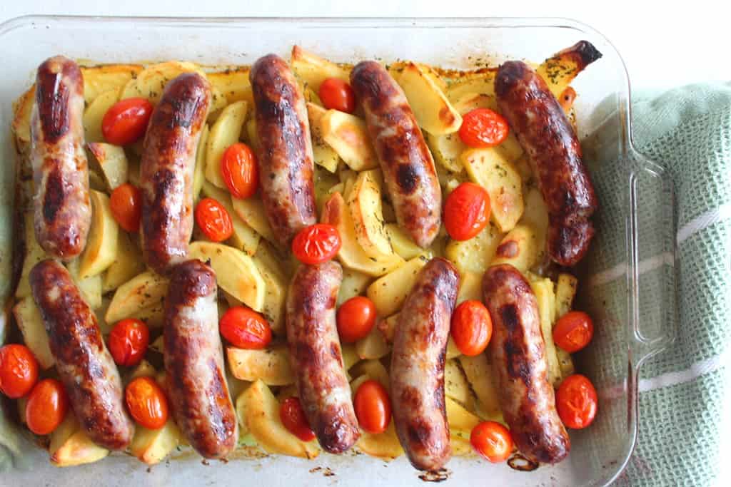 Roasted Chorizos with Potatoes and Cherry Tomatoes