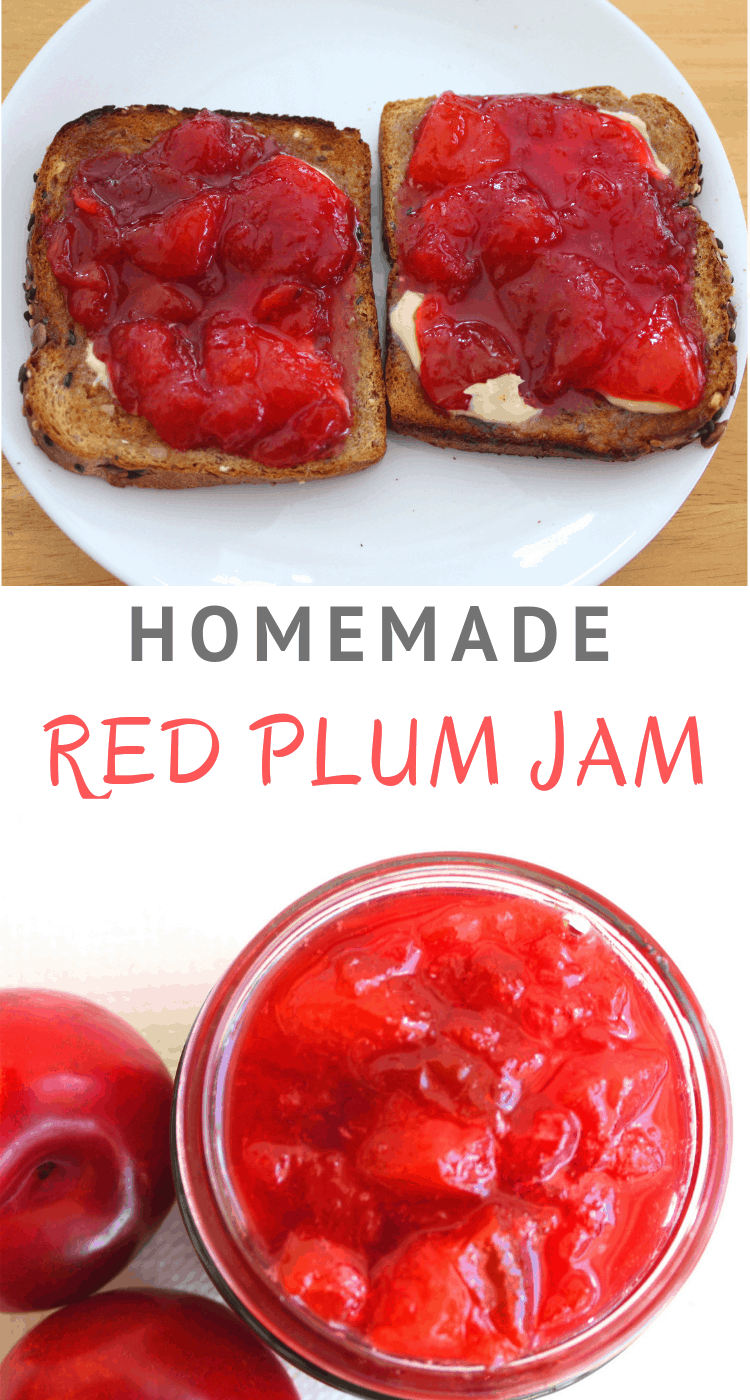 Homemade Red Plum Jam with no added Pectin. In Albanian, plum jam is called  reçel kumbulle.