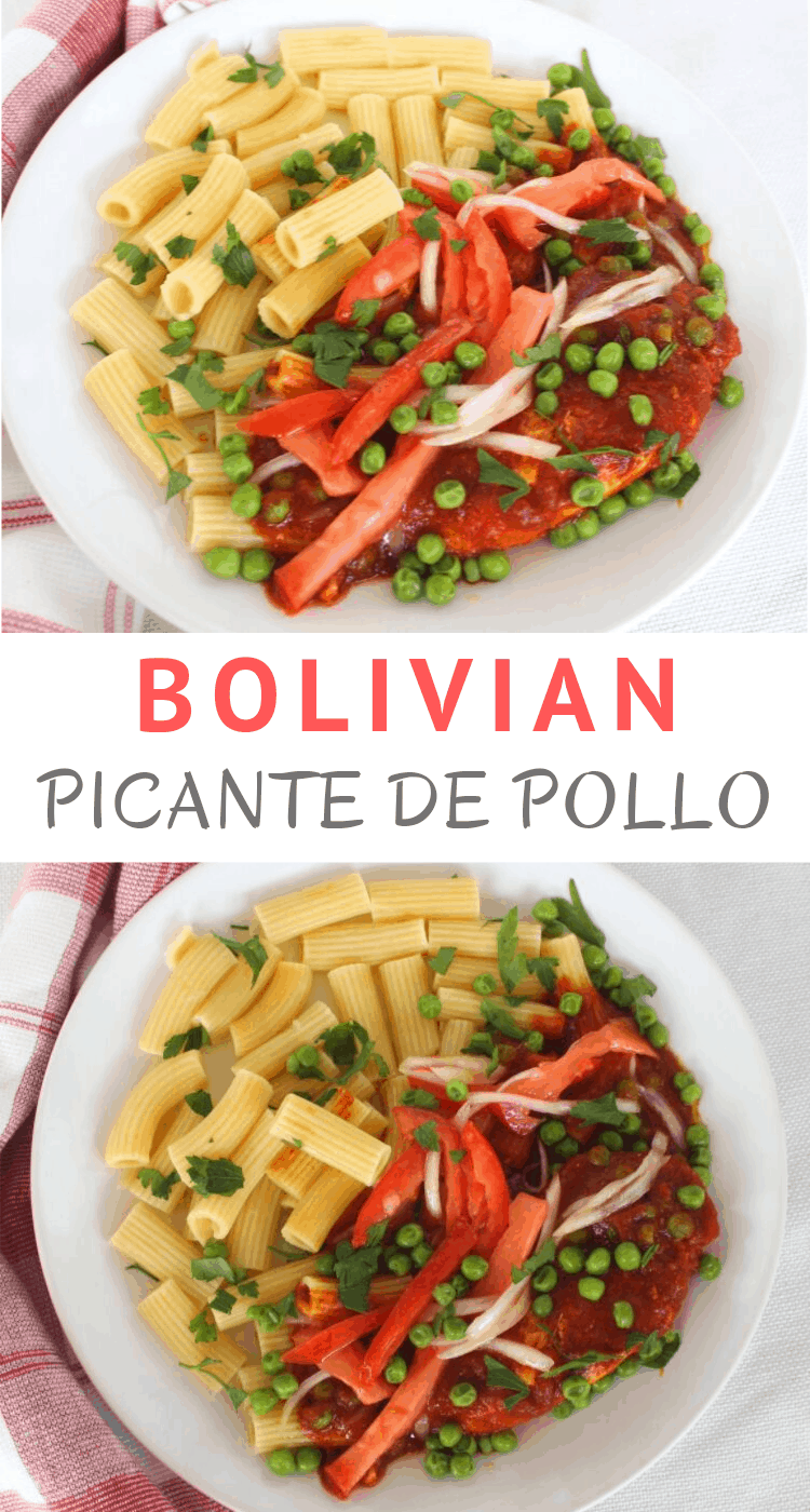 Bolivian Picante de Pollo (Chicken in Spicy Sauce) served with pasta, green peas and salad. 