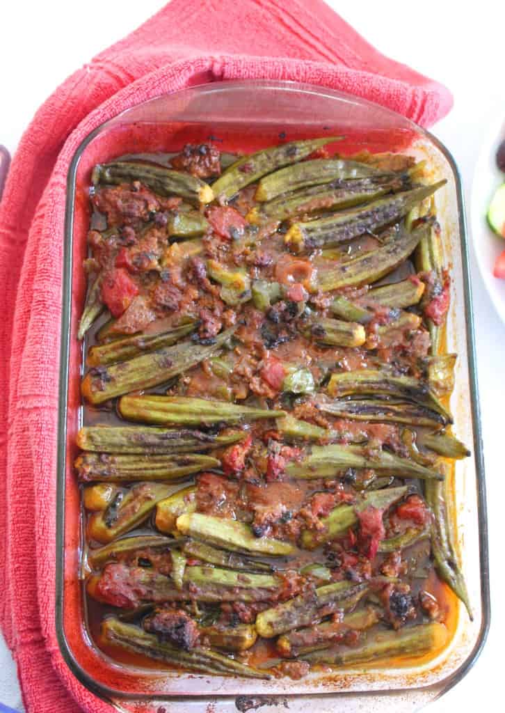 Okra Casserole with ground beef, tomatoes, parsley, onions, green pepper etc.