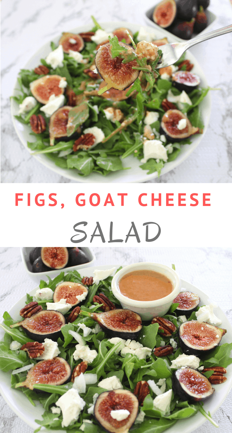 Arugula salad with Figs, Goat Cheese, Pecans and Fig/Balsamic Dressing.