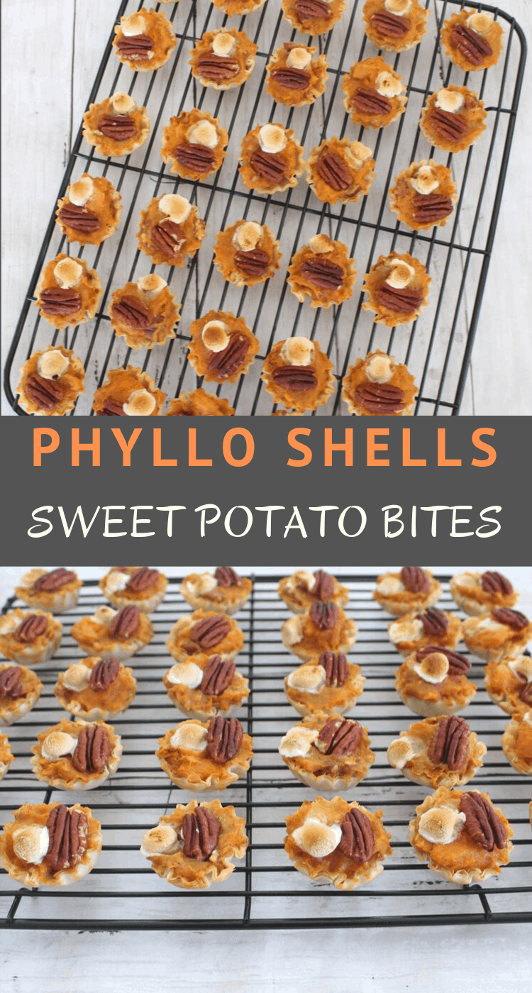 Phyllo Shells Sweet Potato Bites topped with  pecan halves and mini marshmallows.