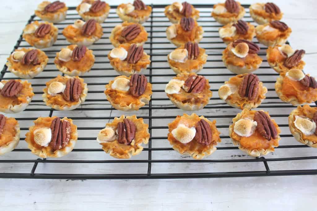 Phyllo Shells Sweet Potato Bites topped with pecans and marshmallows.
