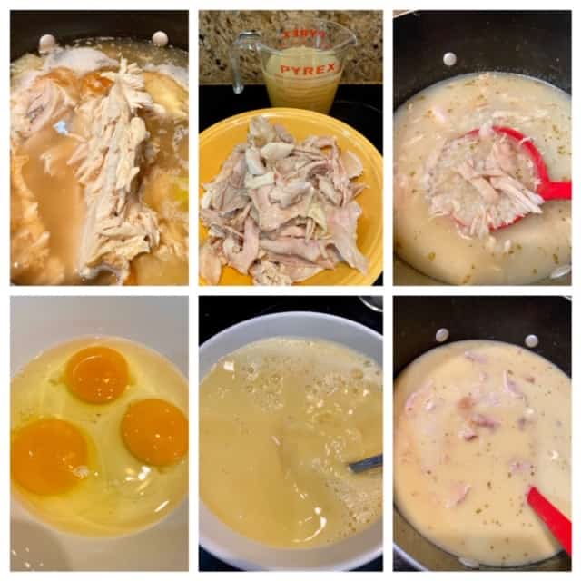 Step by step process pictures of cooking Chicken Lemon Rice Soup. First step shows adding rotisserie chicken to boil, then shredded chicken and stock put aside. The 3rd picture shows once the stock is back in the pot with rice and shredded chicken. Then the last 3 steps show the eggs, whisking with separated stock and finally everything back together in the pot. 