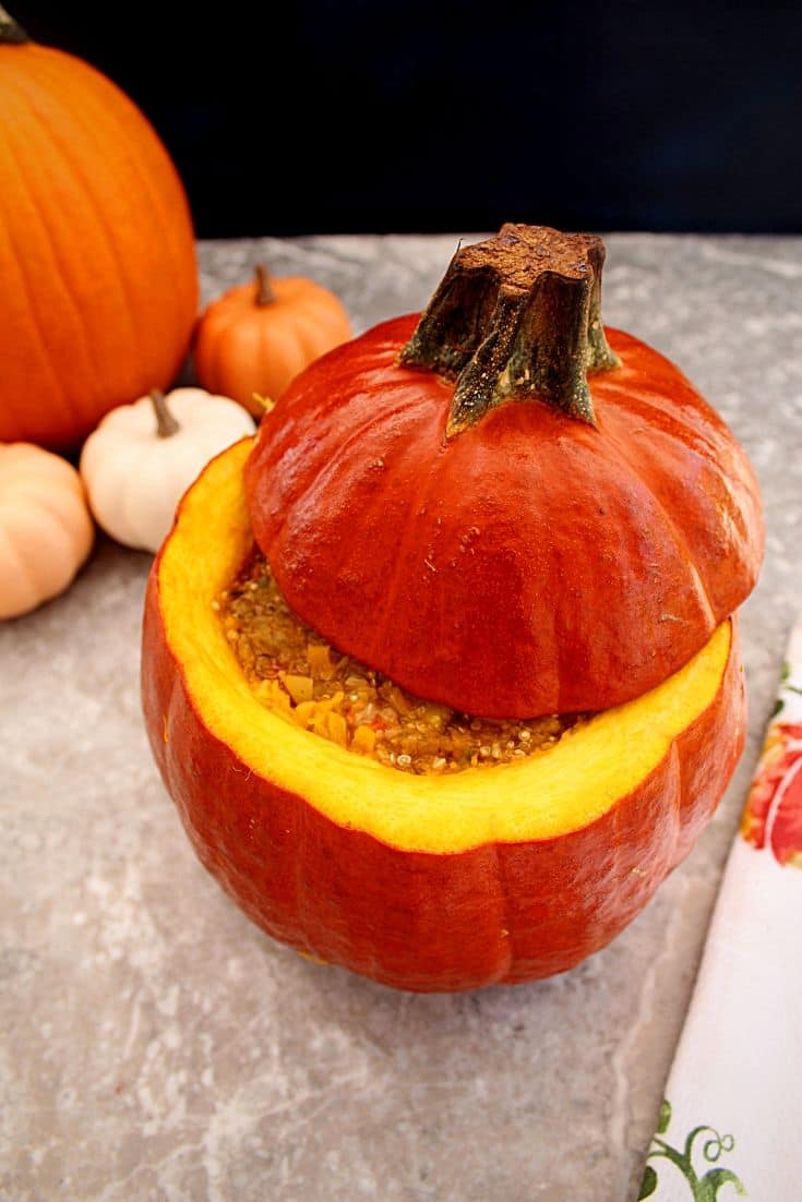 This vegan stuffed pumpkin makes for a fun and delicious dinner. It's great for meatless Mondays and any Fall dinners:). 