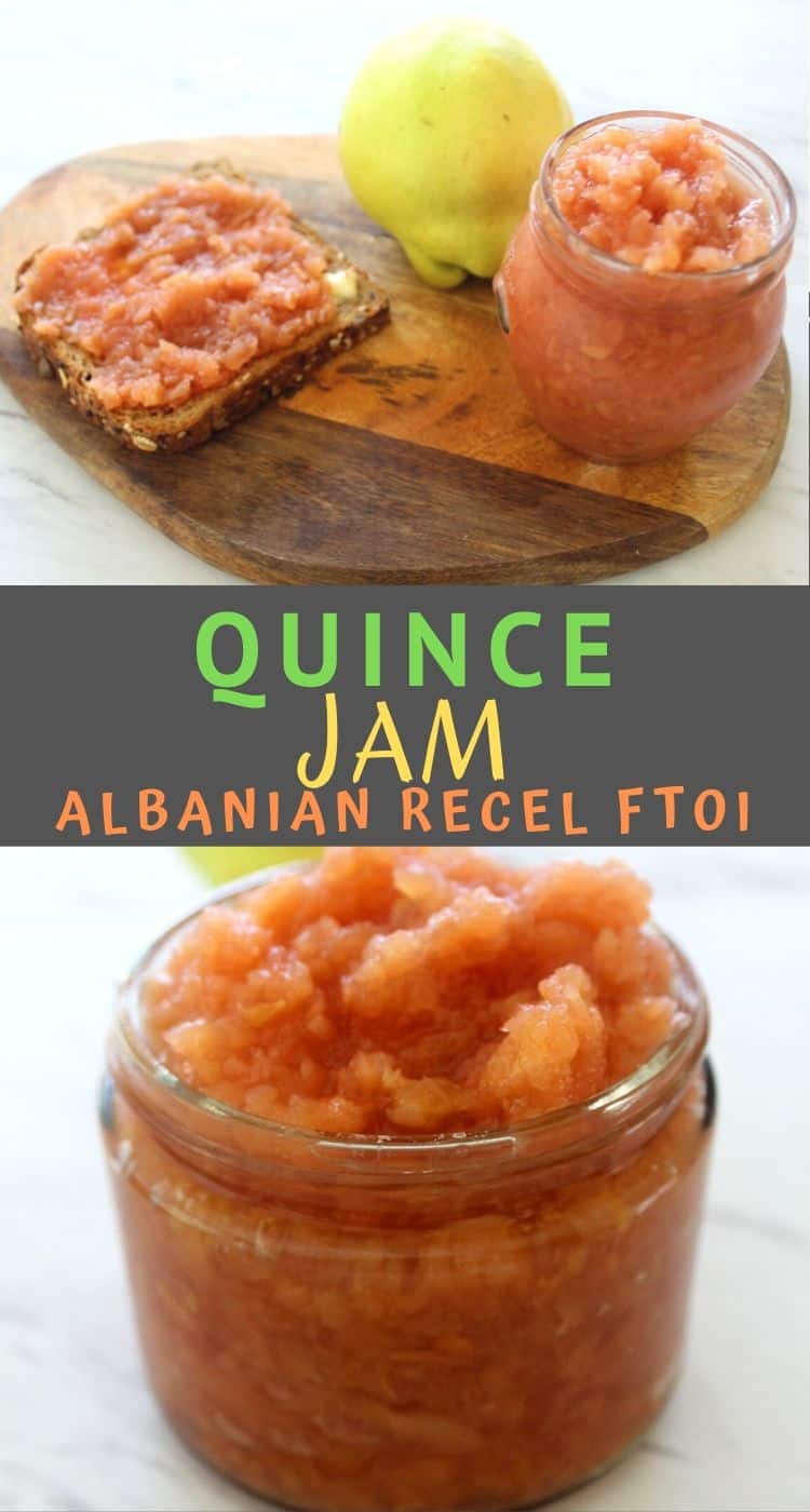 Quince Jam shown over toast and next to a quince fruit