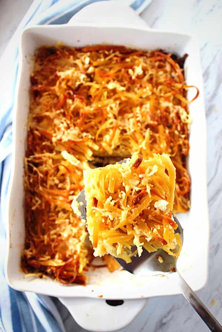 Albanian Pastiço, or baked pasta casserole with feta cheese, milk, eggs and butter. Perfect comfort food!