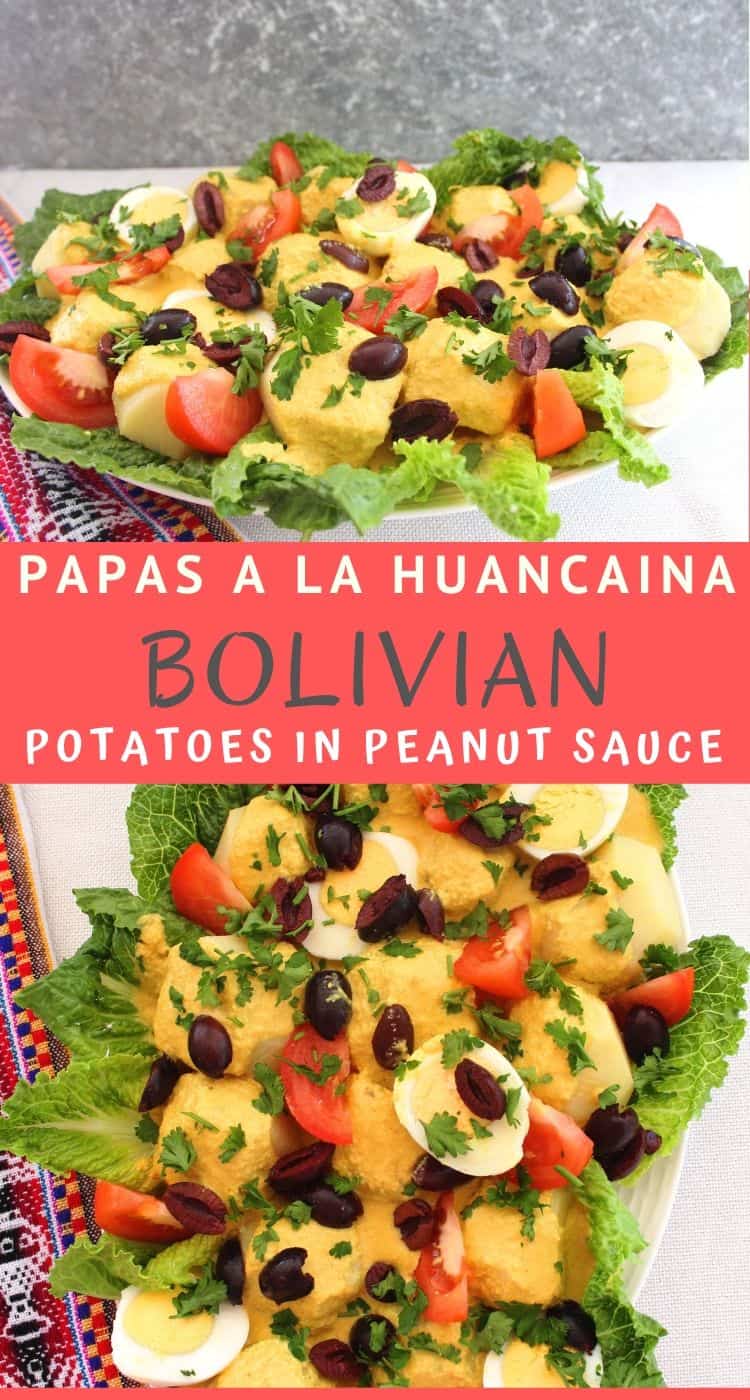Platter with a Bolivian dish called Papas A La Huancaina, or potatoes in peanut sauce over lettuce. Other ingredients include eggs, olives, lettuce and tomatoes. 