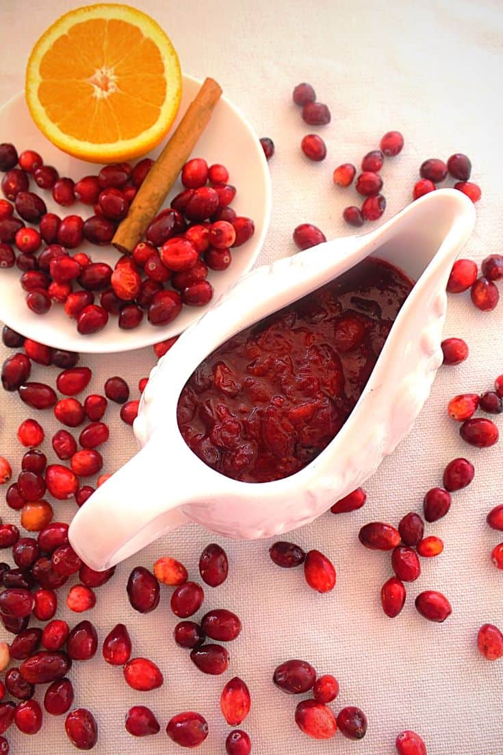Easy homemade cranberry sauce, made with cranberries, oranges and cinnamon.