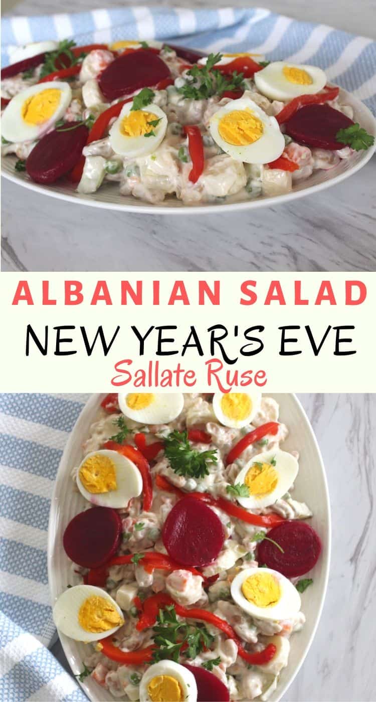 Two images from different angles of a russian salad dish as made in Albania. This version of russian salad, called sallate ruse is a staple in Albanian tables for New Year's Eve dinner.