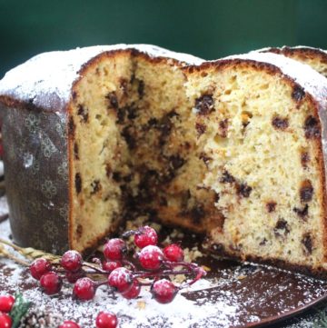 Chocolate Chips Panettone, sliced open to showcase the starry chocolate chips.