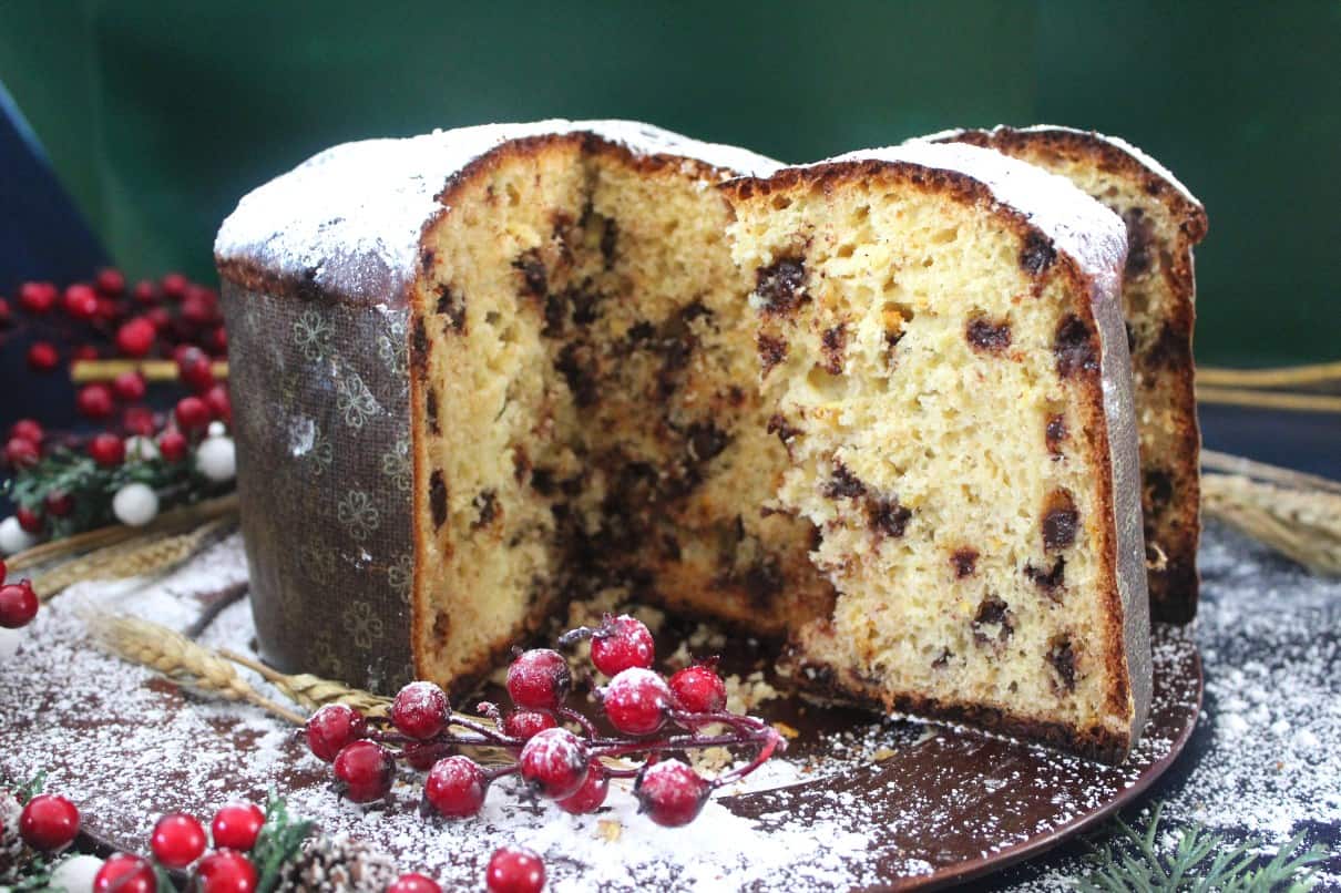 Chocolate Chips Panettone, sliced open to showcase the starry chocolate chips.