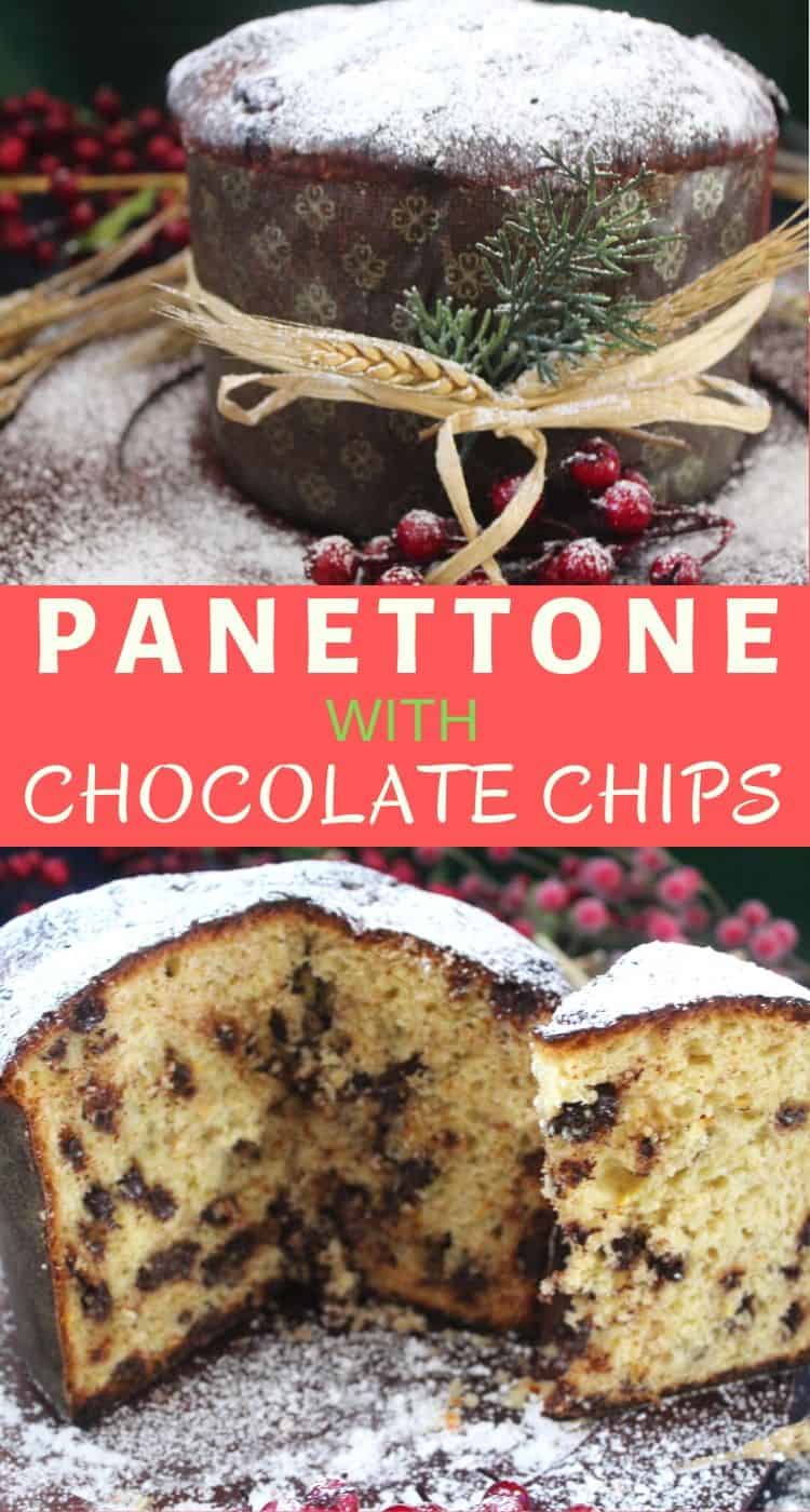 Homemade Chocolate Chips Panettone, shown in 2 different pictures. One is uncut and the other shows a sliced panettone. 