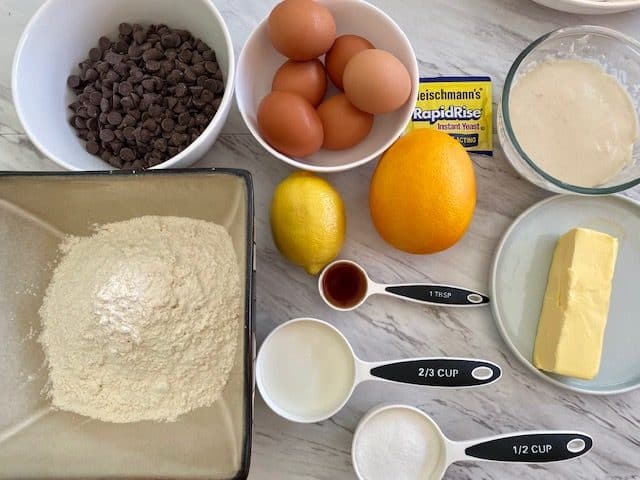 Ingedients used to make chocolate chips Panettone at home. Here's the list from top left to right, then down: chocolate chips, eggs, yeast, starter dough, flour, lemon, orange, vanilla, butter, milk and sugar.