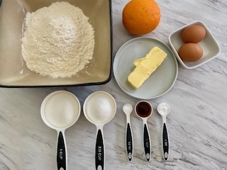 Ingredients for making orange vanilla cookie dough.