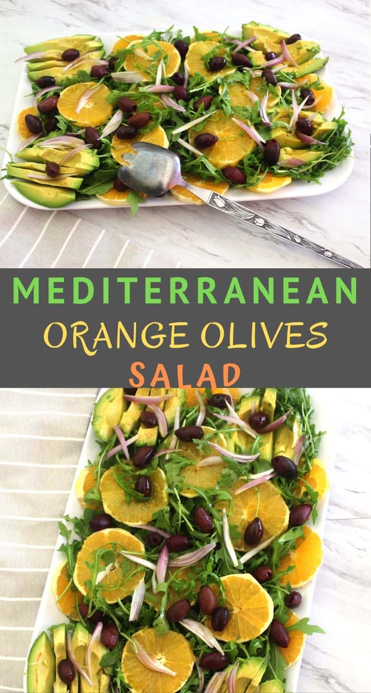 Winter orange salad with arugula, kalamata olives and avocado. This Mediterranean orange salad is served with a delicious orange dressing. 