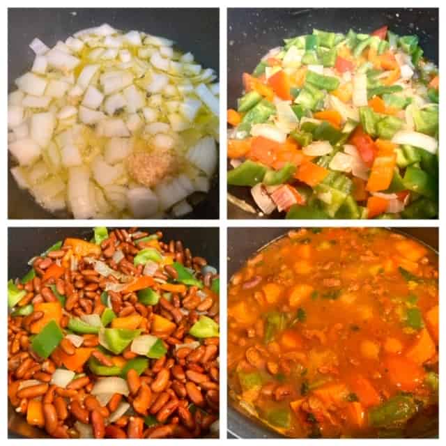 Step by step process pictures: 1. Shows onions and garlic being sauteed. 2. Peppers have been added. 3. Add the beans and keep sauteing. 4. Final step shows the beans, vegetables in a tomato base soup, ready to cook. Then I closed the IP lid. 