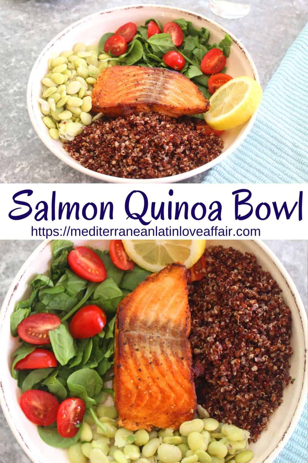 This Mediterranean Salmon Quinoa bowl is a delicious and healthy family dinner. Bowl shows salmon, red quinoa, green lima beans, spinach, grape tomatoes and lemon slice. 