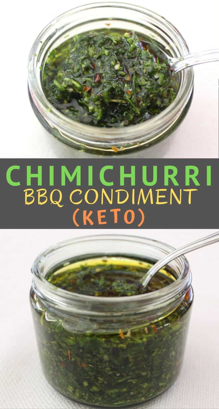 Jars of chimichurri keto sauce, an Argentinian condiment used on BBQs and grilled meats. 