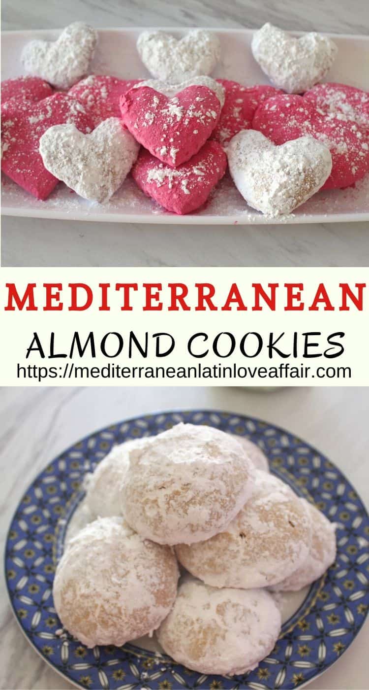 Mediterranean Almond Cookies with Cognac, shown in pink and white colors cut in heart shapes or round ones.