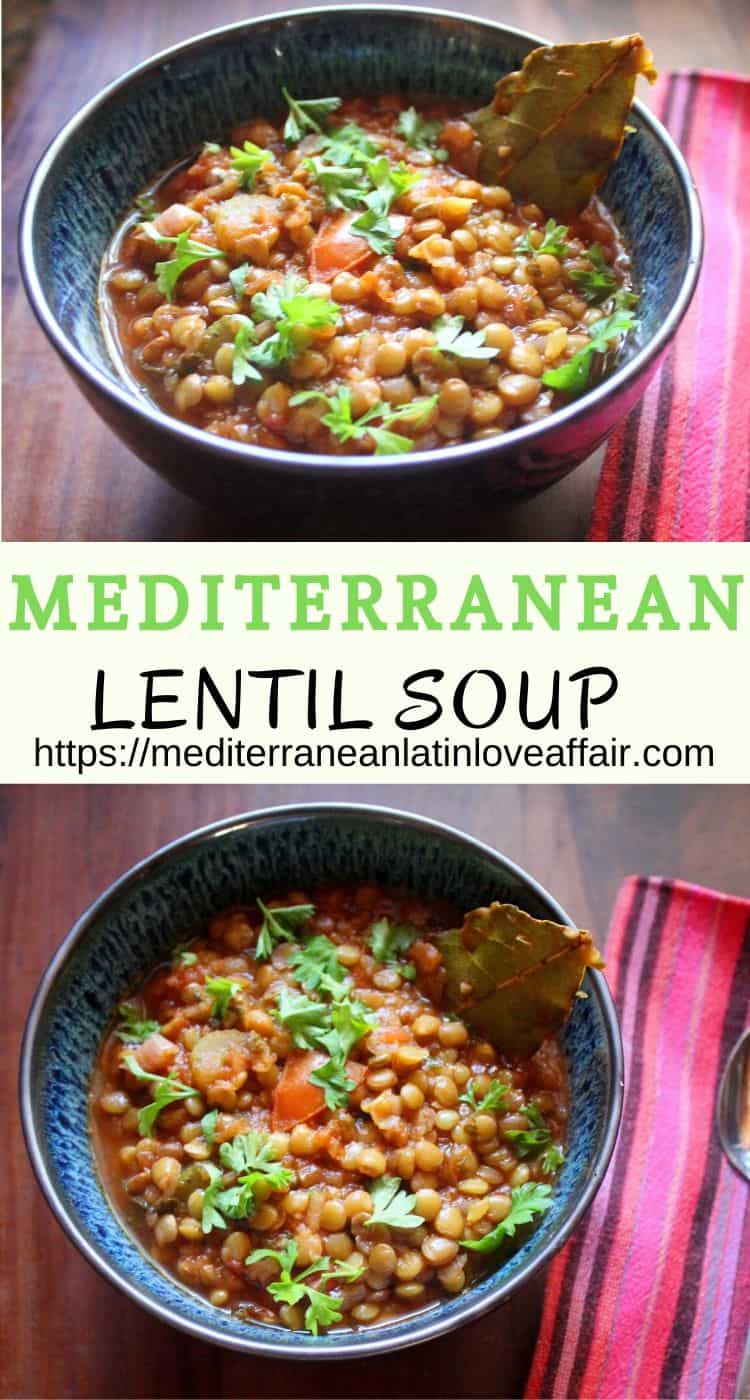 Mediterranean Lentil Soup topped with freshly chopped flat Italian parsley.
