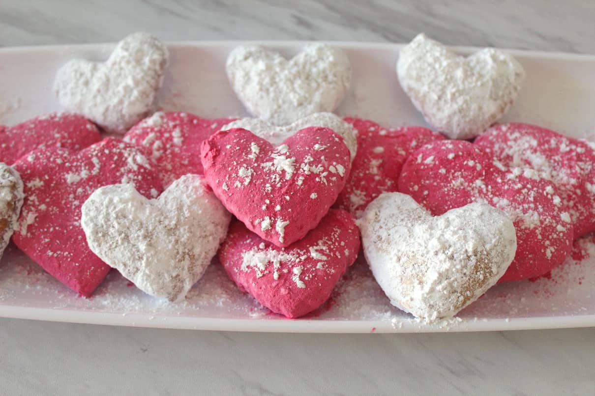 Valentine's Day Mediterranean Almond Cookies in Pink and White Powder Sugar