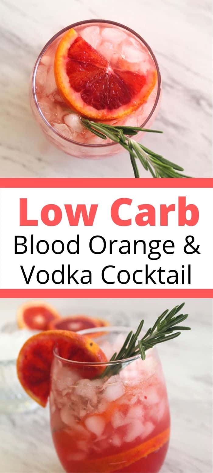 This low carb vodka cocktail is made with blood orange slices, blood orange juice, crushed ice, vodka and sparkling water. Decorate with a rosemary twig. 
