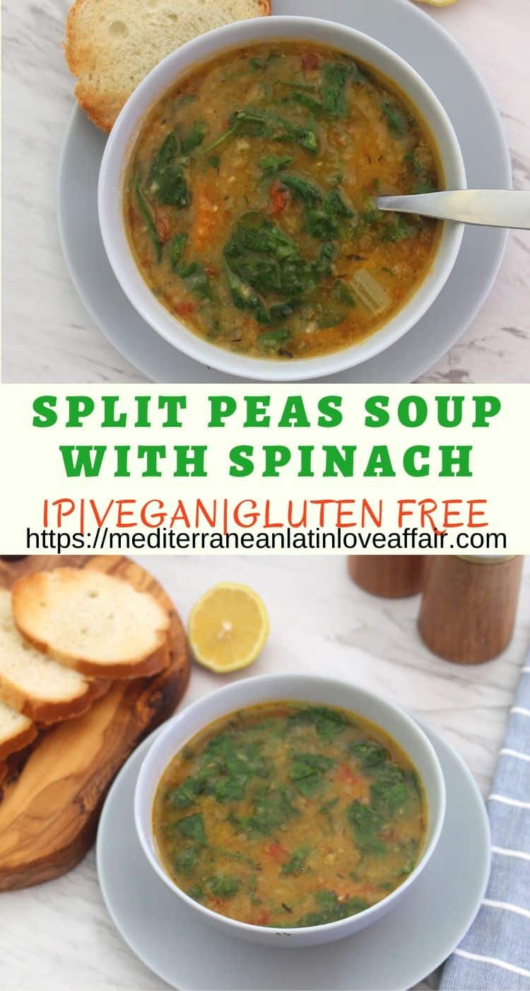 Yellow splits peas soup with spinach - A Mediterranean recipe. Soup is shown already served on a bowl with some bread on the side.