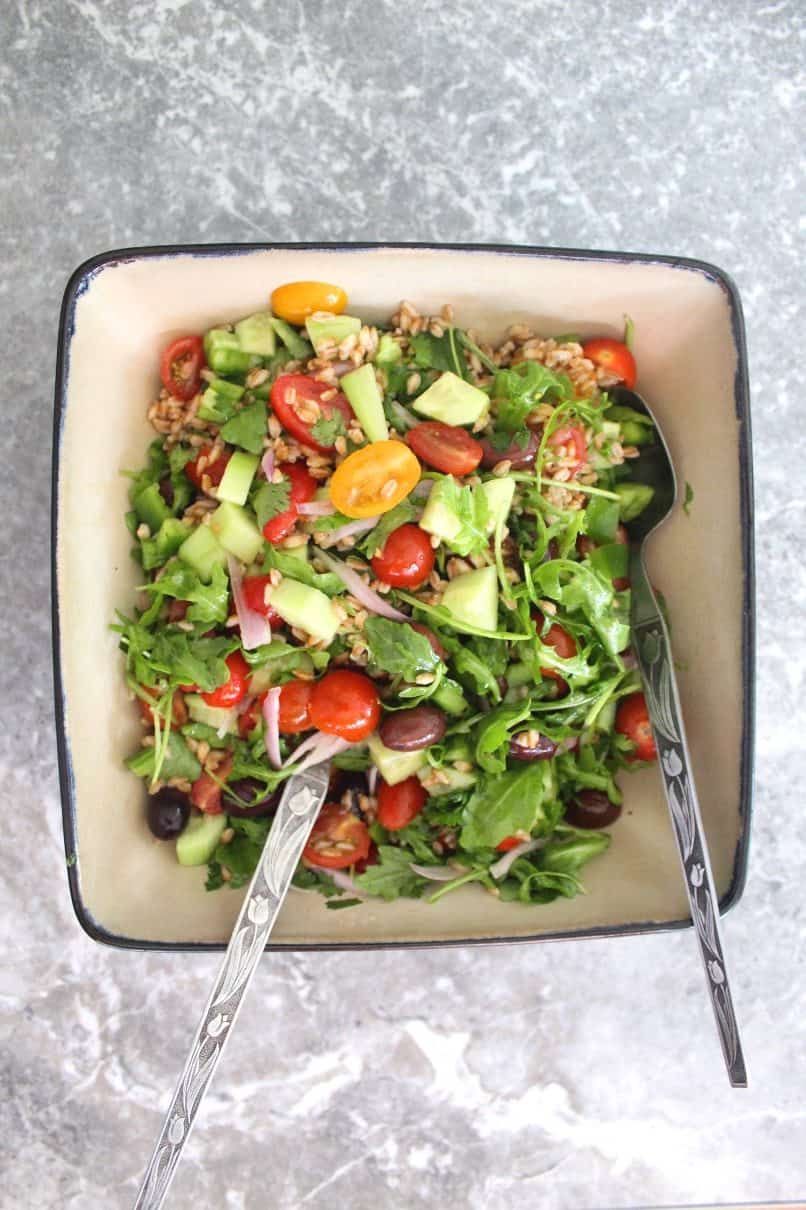 Farro Salad bowl with greens, tomatoes, cucumbers, green peppers, onions and kalamata olives.