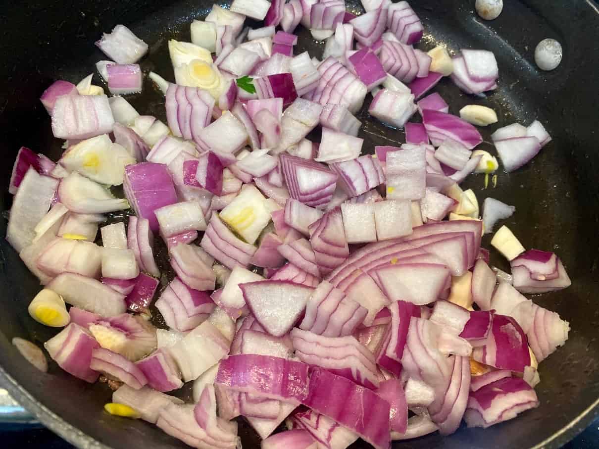 Sauteing onions and garlic.