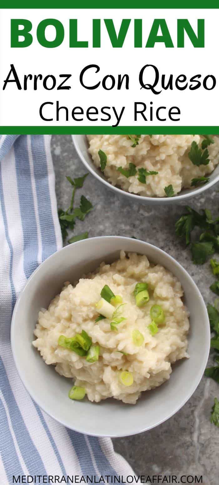Bolivian cheese rice served as a side dish, topped with green onions. 