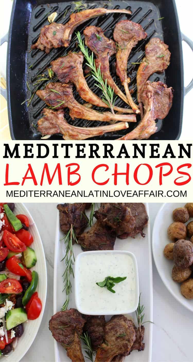 Herbed lamb chops with rosemary, oregano and served with Greek Tzatziki, salad and roasted potatoes. 