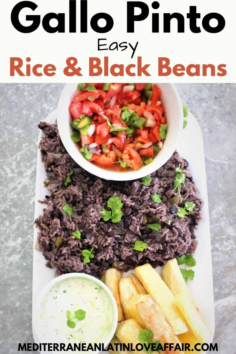 A platter of rice and black beans, shown with a tomato side dish and fried yucca with a yogurt dip. 