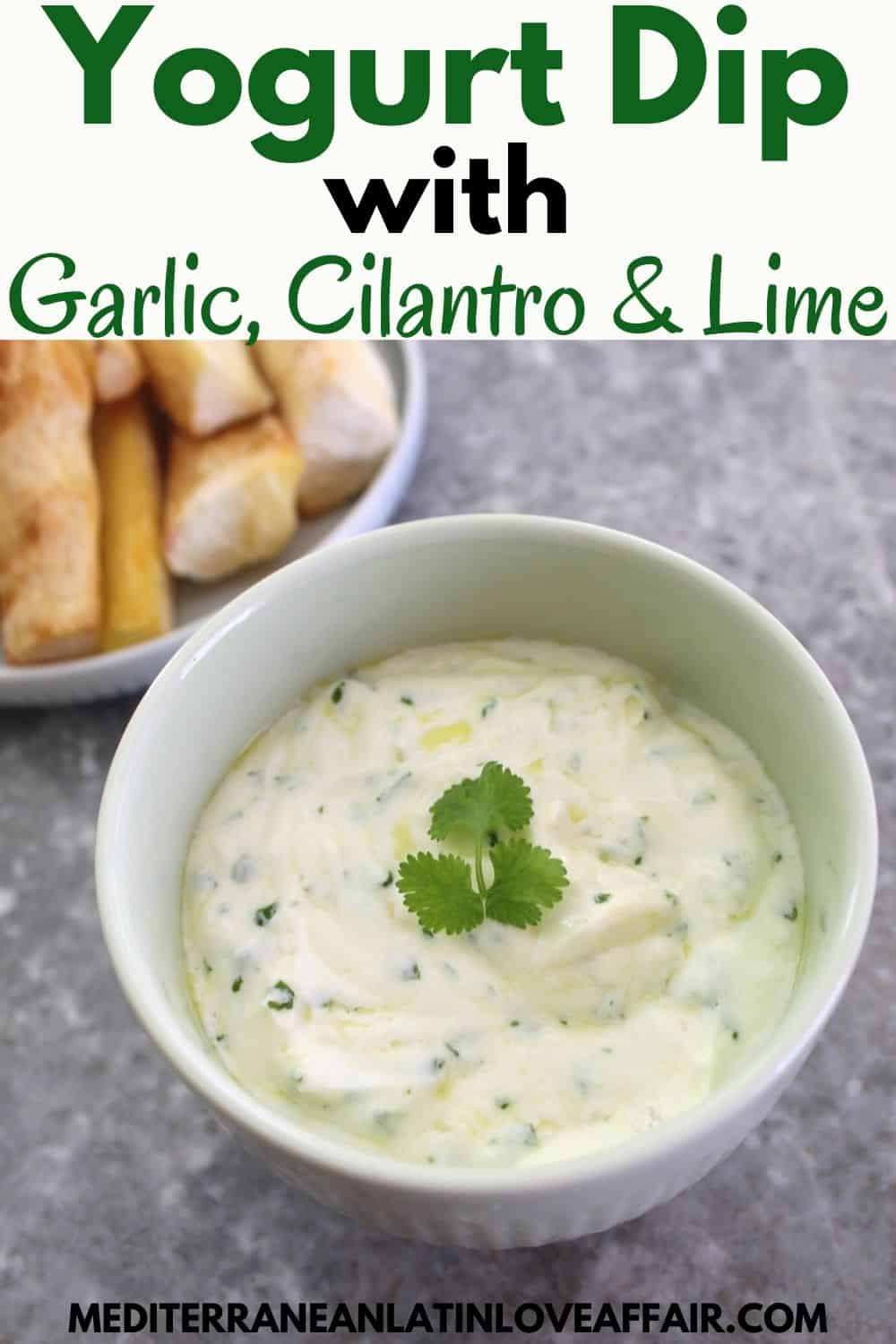 Picture shows a yogurt based dip with cilantro in the front and some fried yucca in the background.