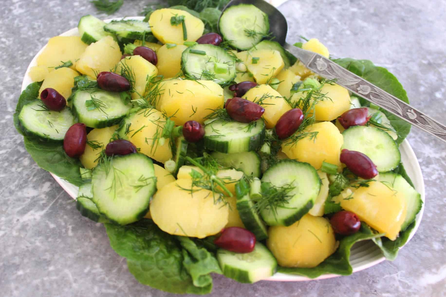No mayonnaise potato salad shown on a platter ready to be served. Salad is over a bed of lettuce, topped with cucumbers, dill, kalamata olives. 