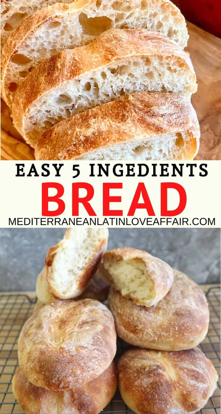 A graphic made specifically for Pinterest, showing 2 pictures of the homemade bread. Top one is sliced and bottom one is just all the breads stacked. 