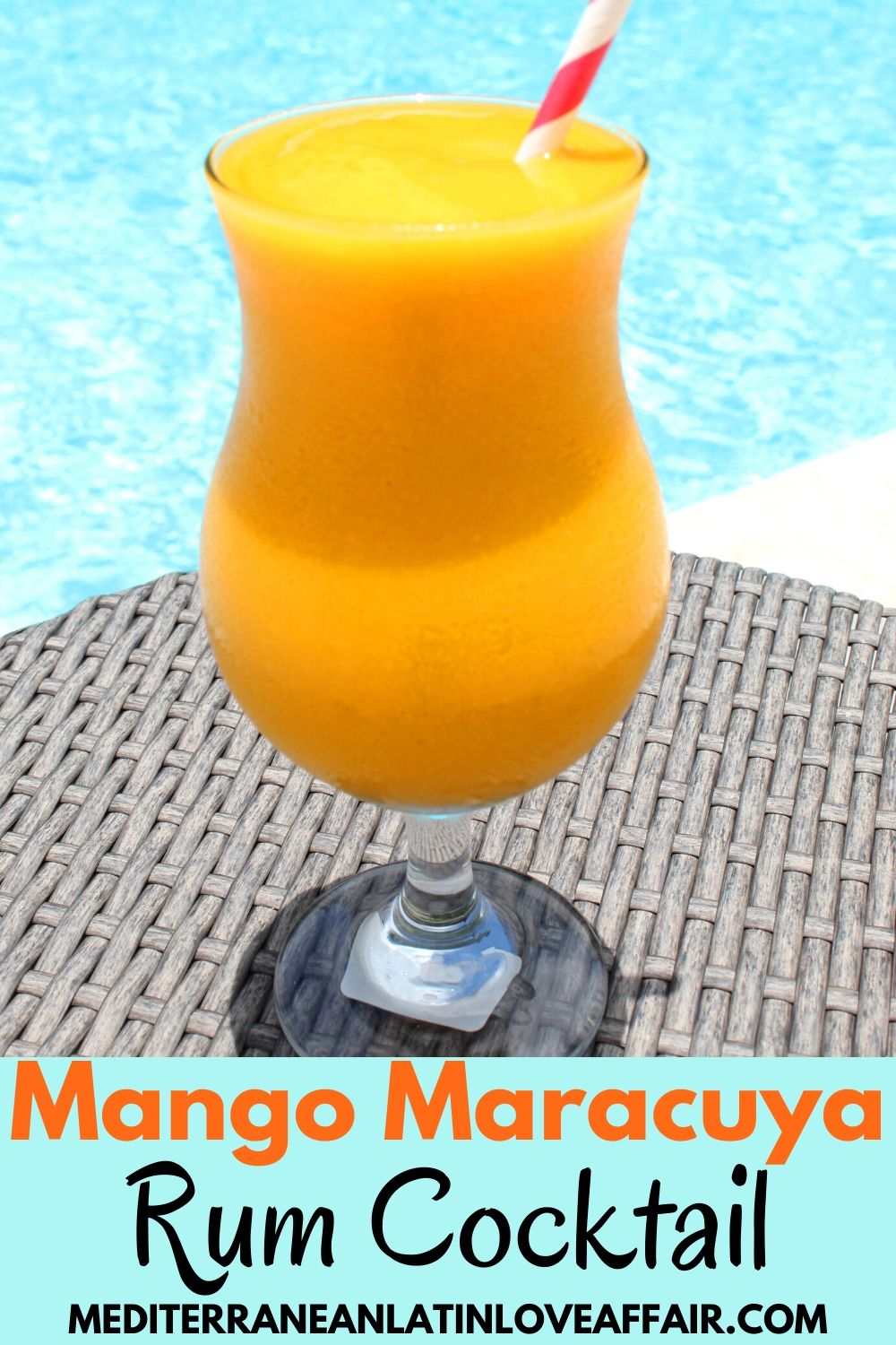Mango Maracuya (Passion Fruit) Rum Cocktail - shown in a glass next to the pool.