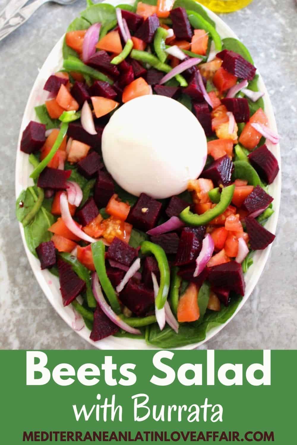 Beets Salad with Burrata on a platter. Image is accompanied by a large title banner.