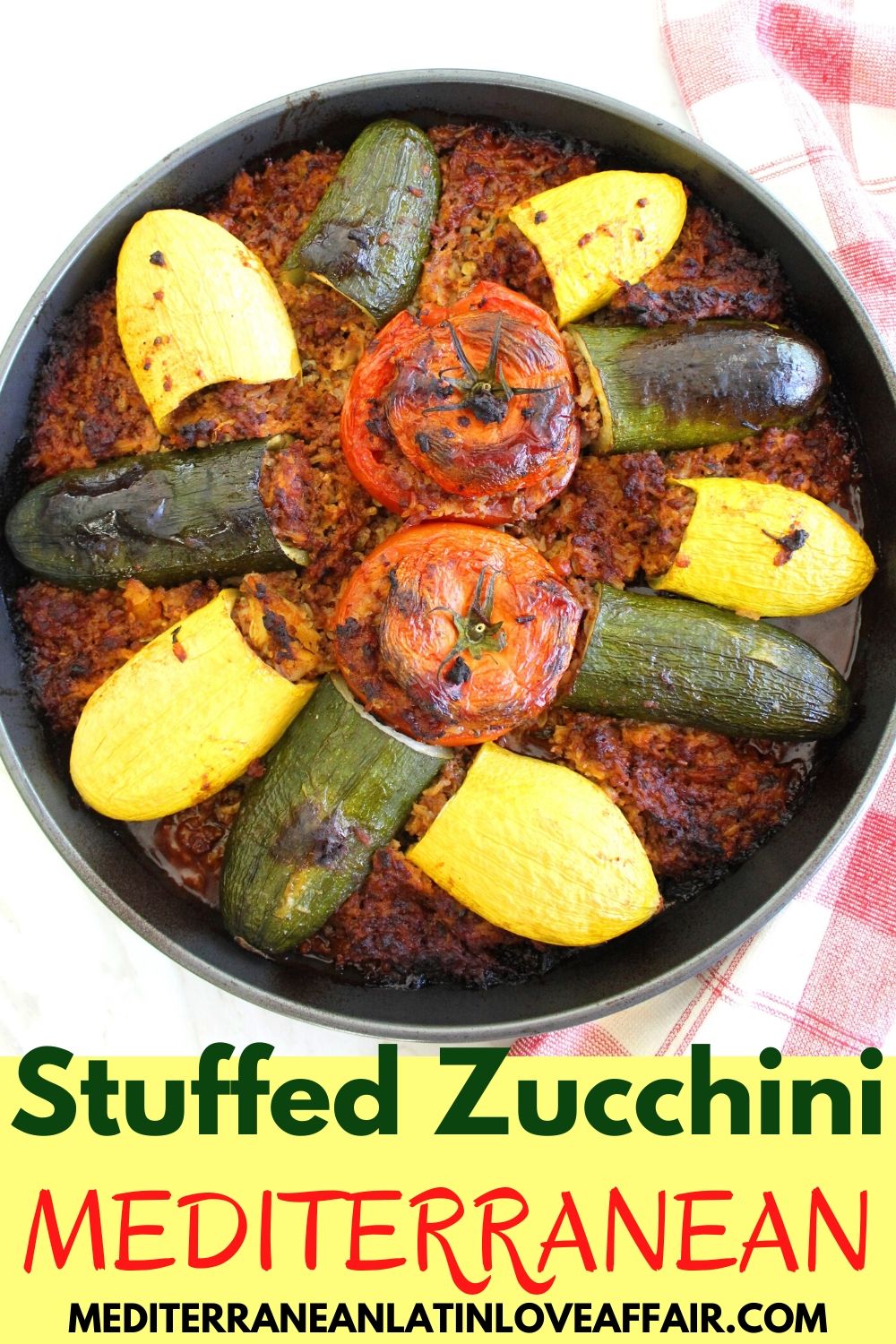 A Baked casseroles with stuffed vegetables like zucchini, yellow squash and tomatoes. The image is prepared for Pinterest showing the title under the picture so readers can pin it. 