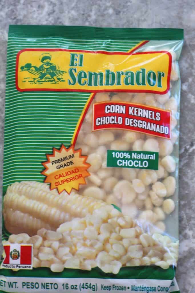 A frozen package of corn kernels called choclo desgranado in Spanish. 