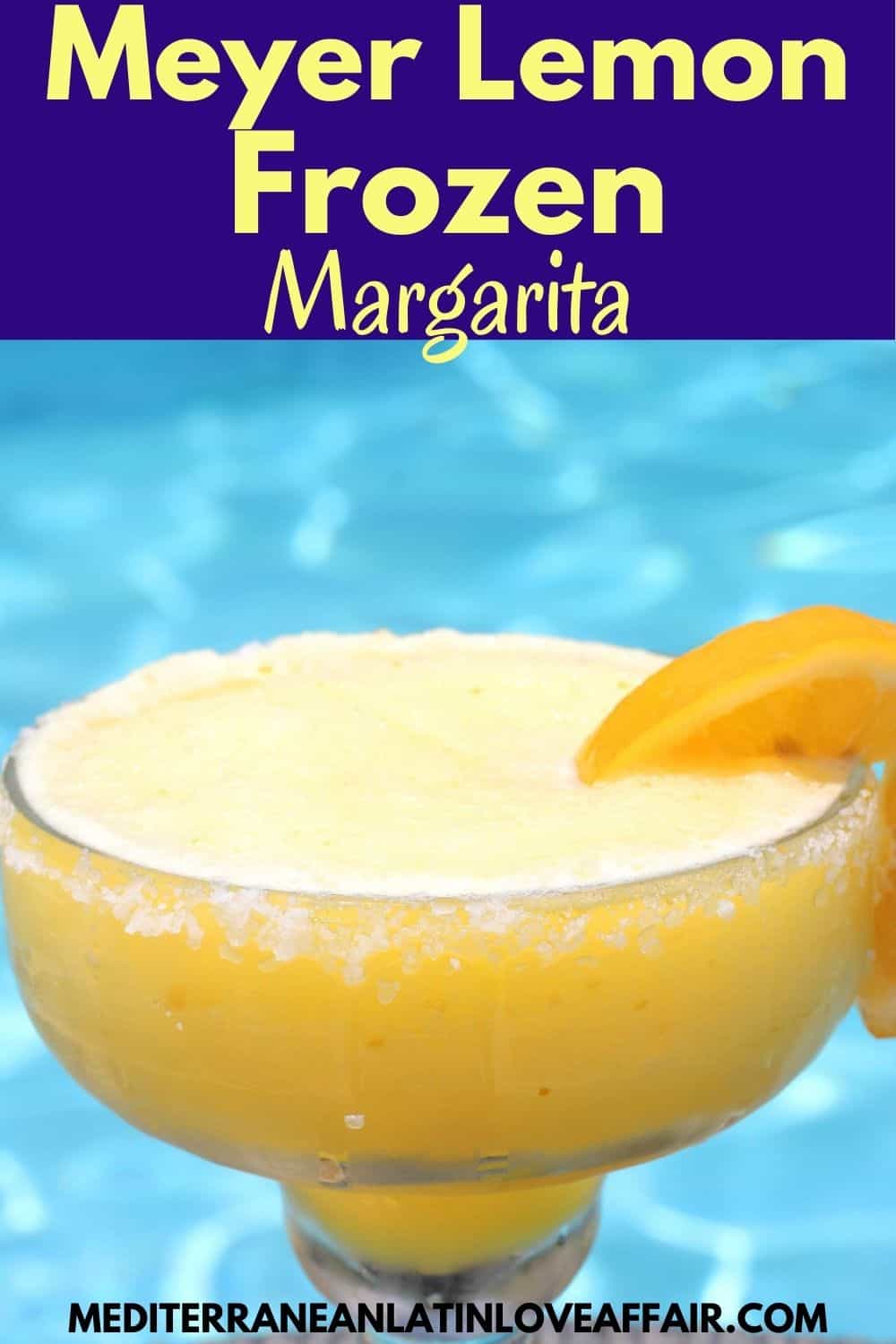 An image created specifically for Pinterest. It has the picture of the frozen lemon margarita as well as a title bar on top of the picture as well as the website link in the bottom.